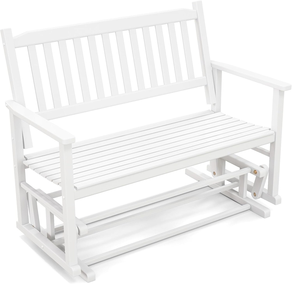 Tangkula 2 Person Outdoor Glider Bench, Poplar Wood Patio Swing Glider Loveseat with Armrests, Slatted Seat & Backrest, Porch Rocking Glider Bench for Backyard, Garden, Deck (White)