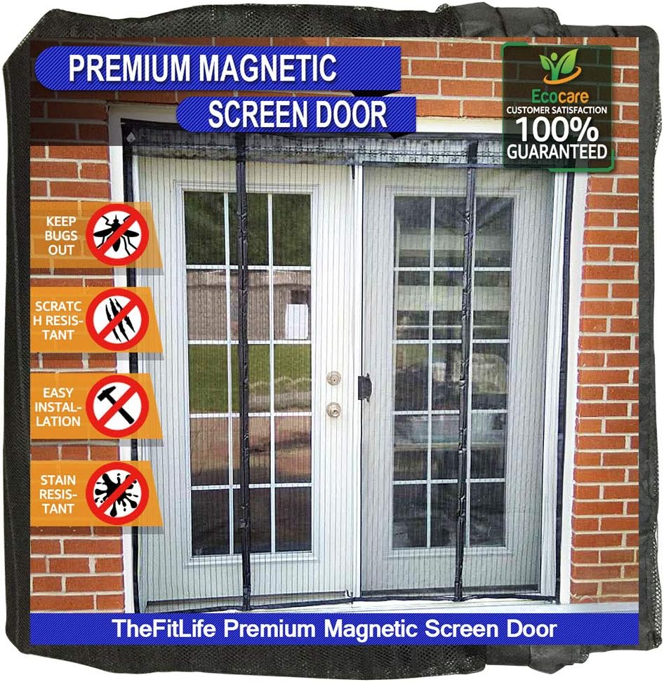 TheFitLife Double Door Magnetic Screen - Mesh Curtain with Full Frame Hook & Loop Powerful Magnets, Snap Shut Automatically for Patio, Sliding Or Large Door (Black Fits Doors up to 60''x80'' Max)
