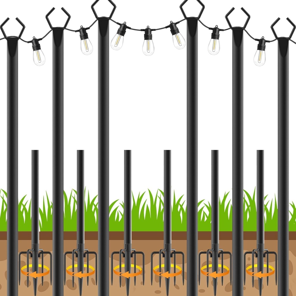 6 Pack String Light Poles, Outdoor String Light Pole 10 ft Forked Metal Light Pole with Adjustable Outdoor Light Stand, Deck, Backyard, Garden, Wedding, Rustproof and Sturdy with Hooks.