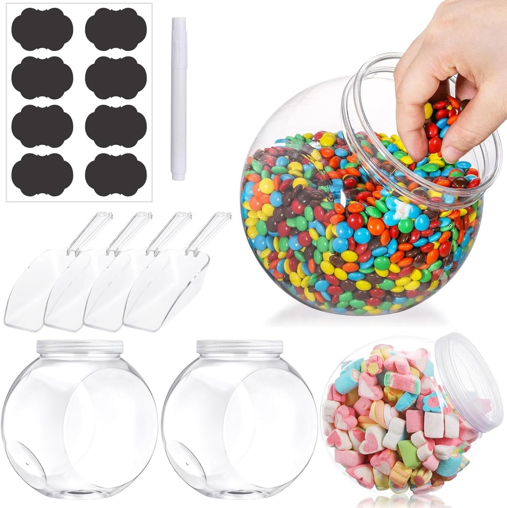 Atarvana 4Pcs 51oz Candy Jar with Spoons, Labels & Pen, Large Candy Jars with 4Pcs Spoons & Airtight Lid for Candy Buffet Food Storage
