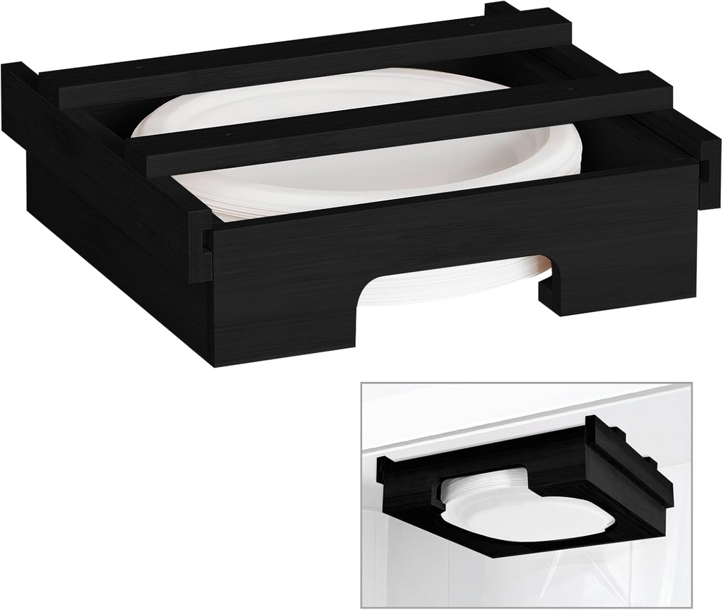 Paper Plate Dispenser, 9-inch Bamboo Paper Plate Dispenser Under Cabinet, Kitchen Counter Vertical Holder Organizer Countertop Caddy Black
