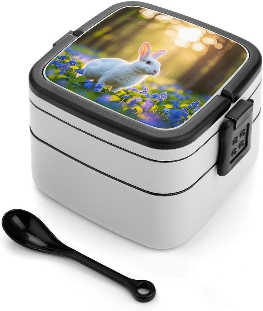 White Rabbits in The Forest Bento Box Leak-Proof Double Layered Lunch Containers with Spoons And Invisible Handle, Portable Lunch Boxes for Work Picnic Travel