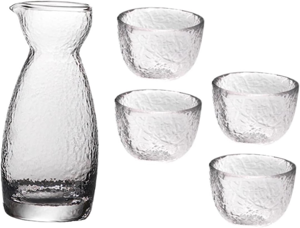 Japanese Sake Cup Set Hammered Texture Glass Sake Pot and Cups 6-Piece Creative Drinkware for Home Restaurant and Parties