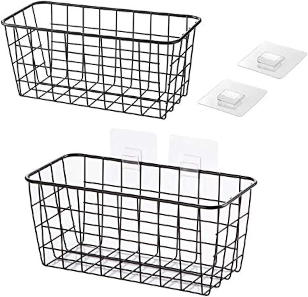 Lele No Drilling Wall Hanging Mounted Metal Wire Baskets with Free Wall Hooks, Kitchen Organization and Storage, Hanging Fruit, Set of 2 Black