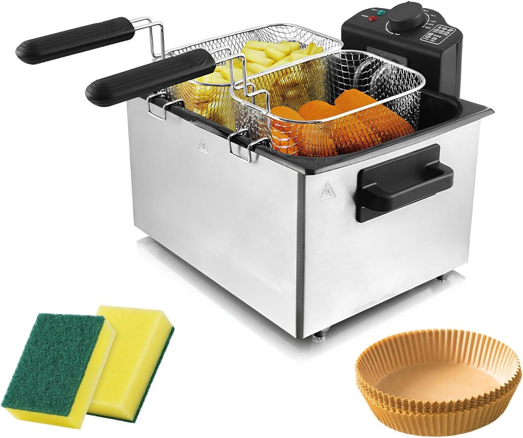 Electric Deep Fryer with 3 Frying Basket 1700W 5 Liters Stainless Steel Deep Fryer Pot Adjustable Temperature Perfect for Kitchen Chicken Fry Fish Chips
