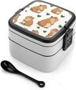 Cute Capybara Heart Pattern Portable Bento Box with Handle 2 Compartment Leak-Proof Stackable Lunch Box for Work Picnic Camping