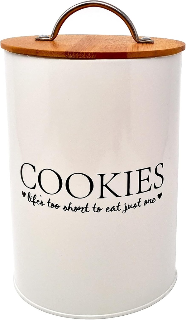 Sherfield & Co. Cookie Jar - Metal Cookie Jar Storage Tin for Your Kitchen Counter - Easy to Open Bamboo Lid with Seal and Strong Metal Handle.