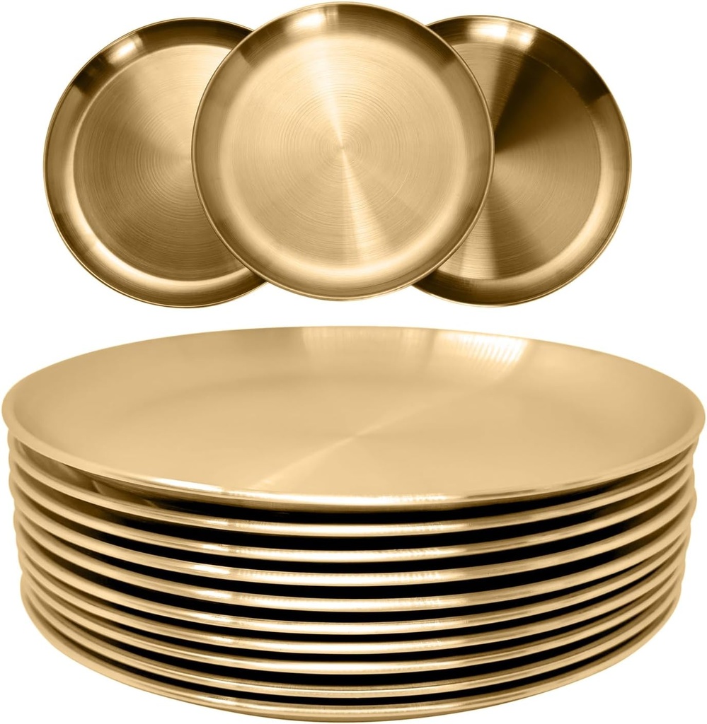 Stainless Steel Plates Metal Gold Dinner Plates Unbreakable Dinner Dishes Plates Set for Barbecue Kitchen Home Camping Outdoor Party (9inch 10Pcs)