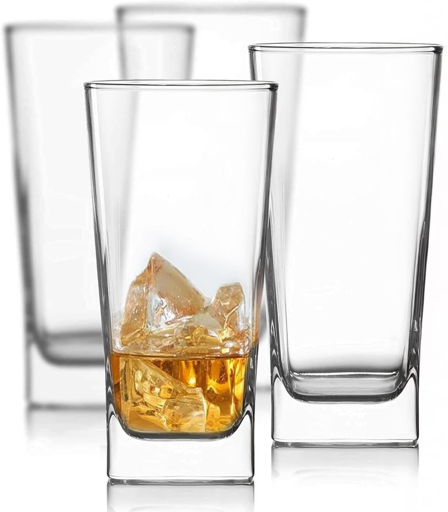 Le'raze Set of 4 Everyday Drinking Glasses - Square Tall Glass Cups Drinkware Kitchen Collins Glasses for Cocktail, Iced Coffee, Beer, Ice Tea, Wine, Whiskey, Water Glassware Sets