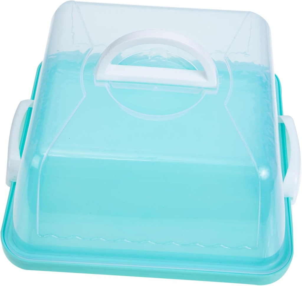 Cabilock Portable Cake Carrier with Handle Plastic Dessert Box with Lid Reusable Cake Storage Container for Birthday Parties and Outdoor Banquets Transparent Blue Square Design