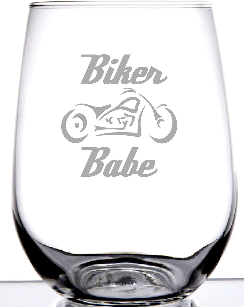 Biker Babe Stemless Wine Glass | Laser Etch Embedded Design | Motorcycle Biker Girl Woman | 15 Ounce
