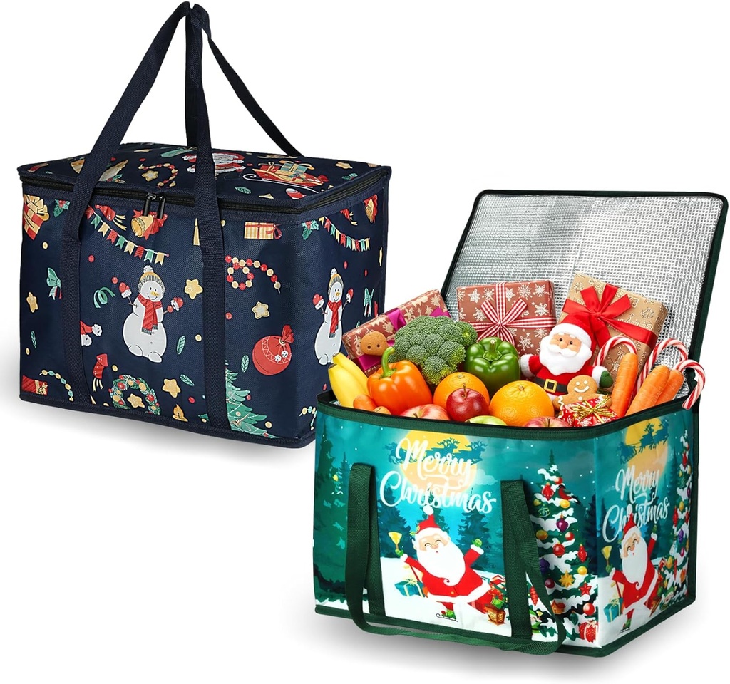 2-Pack Christmas Insulated Reusable Grocery Bags, Collapsible Cooler Bag, Heavy Duty Large Shopping Bag, Durable Handles, Dual Tab Zips, Lid