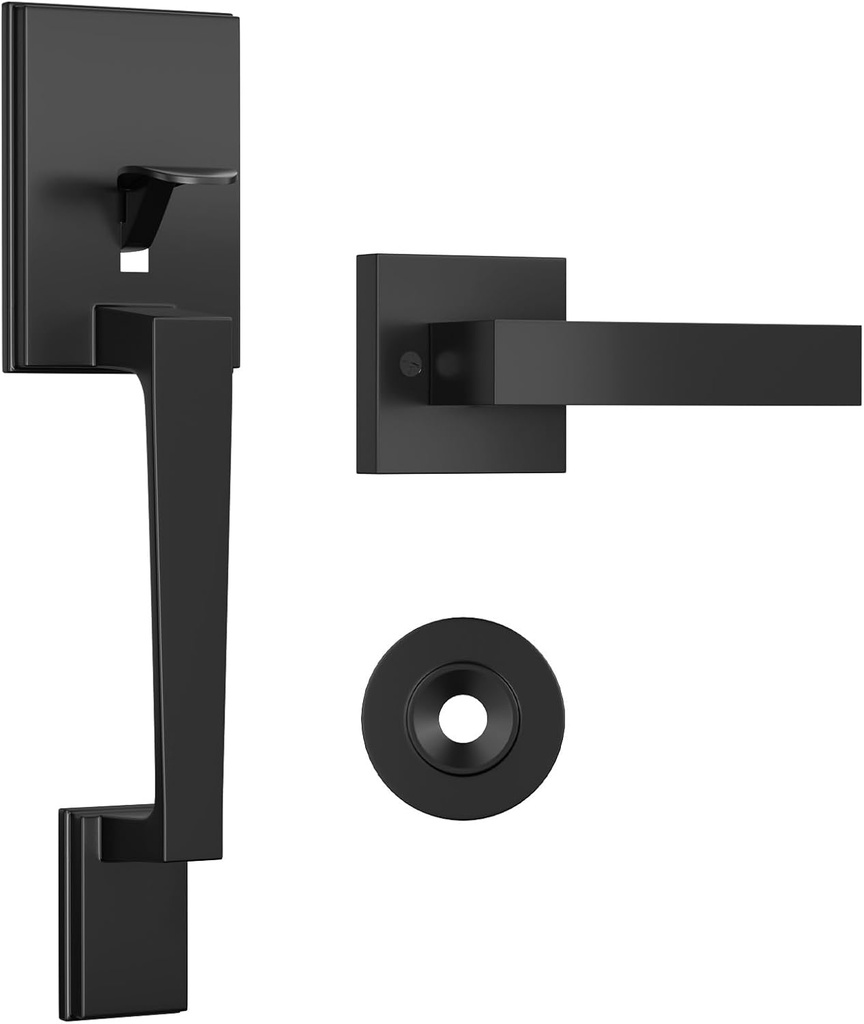 FITNATE Front Door Lock Handle, Entry Door Lock Exterior Door Lever Set Matte Black Door Handles, Reversible for Left and Right Hand Door