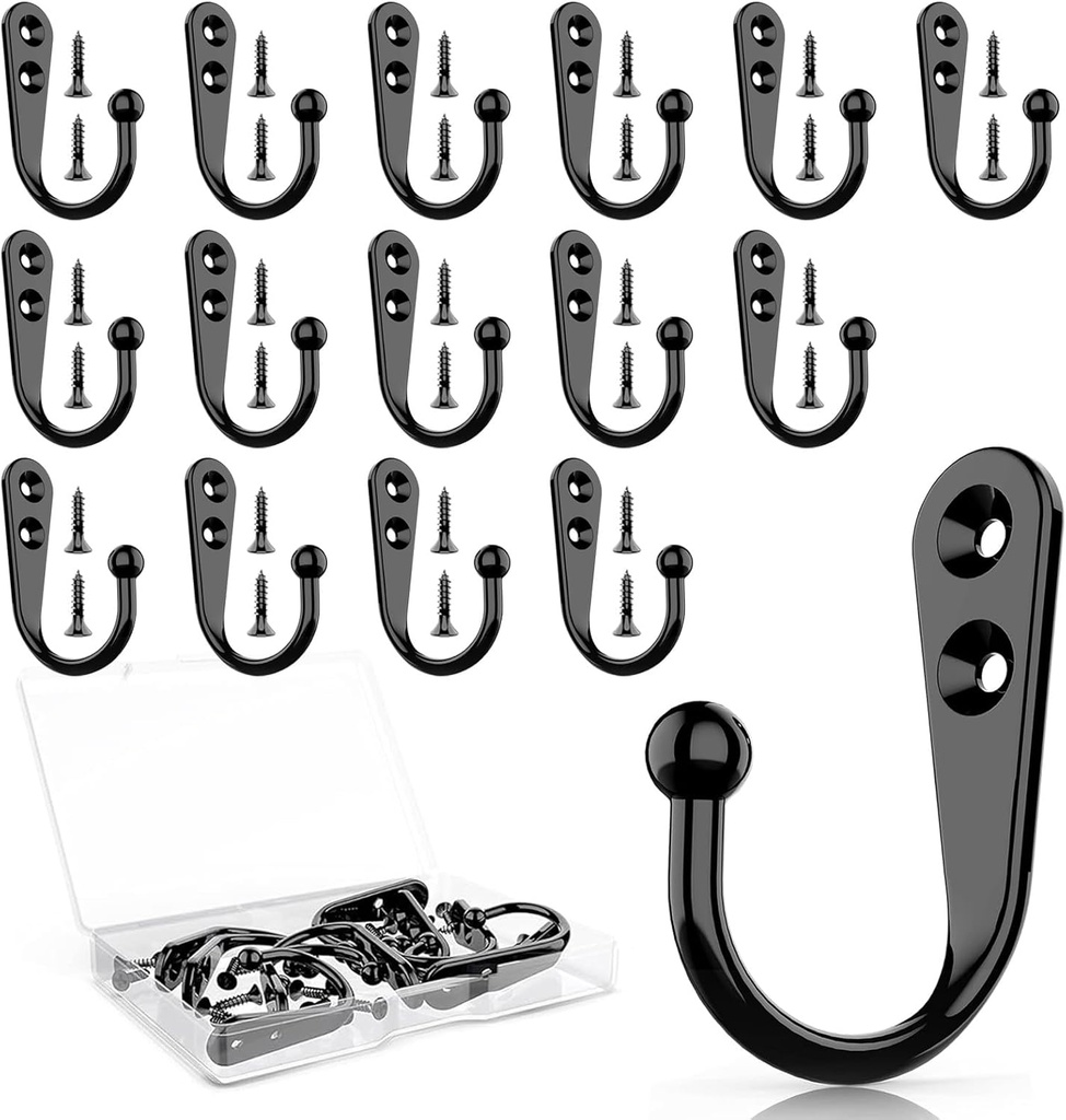 15 Pcs Black Coat Hooks - Wall Hooks for Closet Hanging, Multi-Room Use (Bathroom/Bedroom/Kitchen), Holds Coats/Towels/Scarves/Hats/Keys/Cups, Includes 30 Screws