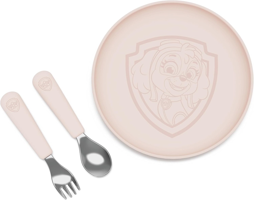 Lalo PAW Patrol Plate & Utensil Set For Kids - Dishwasher Safe Toddler Dinnerware Set - BPA Free for Over 12 Months - Includes Plate, Ergonomic Spoon and Fork - 3 Pieces - Skye