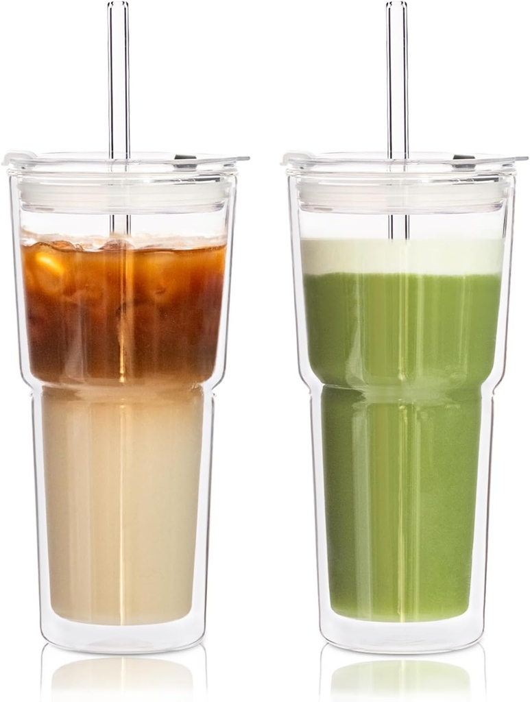 KEMORELA 2PCS 20oz Double Wall Glass Tumblers with Lids and Straws – Insulated Borosilicate Glass Matcha Cups for Iced Matcha Latte, Smoothies, Reusable Travel Glass Cups – Leak Proof 2-in-1 Lid