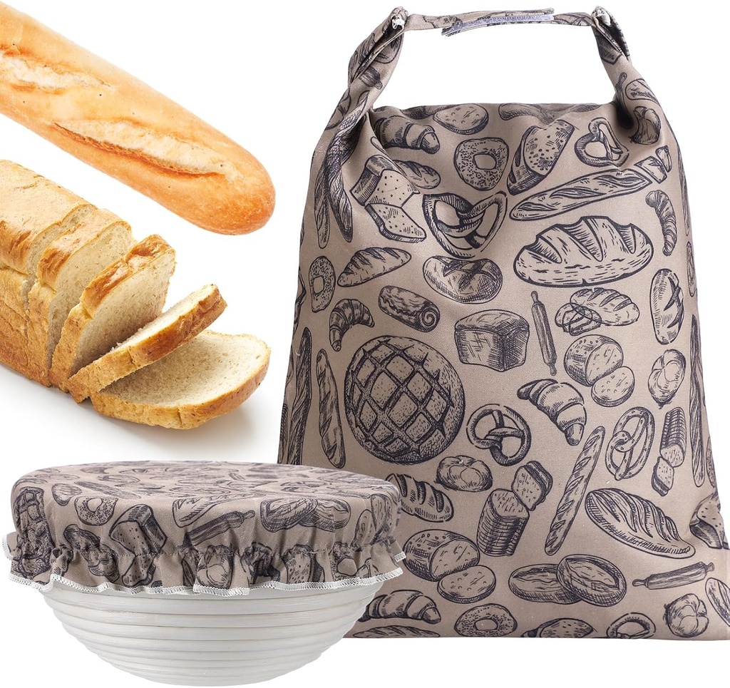 Xuniea 2 Pcs Beeswax Bread Bags 12" x 16" Reusable Linen Bread Bag for Sourdough Homemade with 10" Cotton Bowl Cover Freezer Food Storage Wraps to Keep Fresh, Baker Gift Set