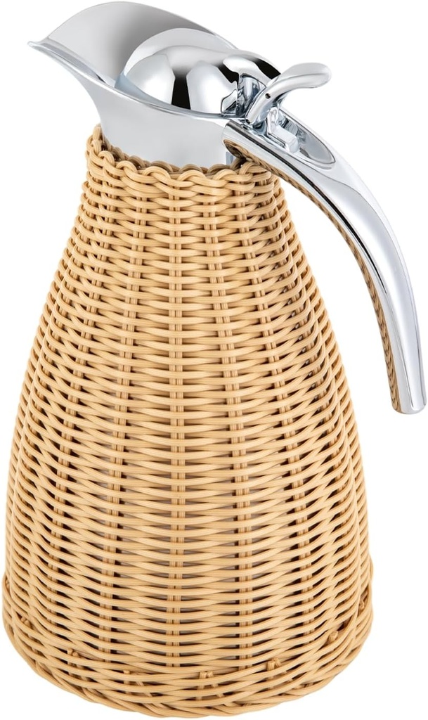 Rattan Thermal Jug 1.5L, Vacuum Insulated Stainless Steel Coffee/Tea Server with Push-Button Dispenser, Retro Hot & Cold Beverage Dispenser for Home, Office, Camping – Brown