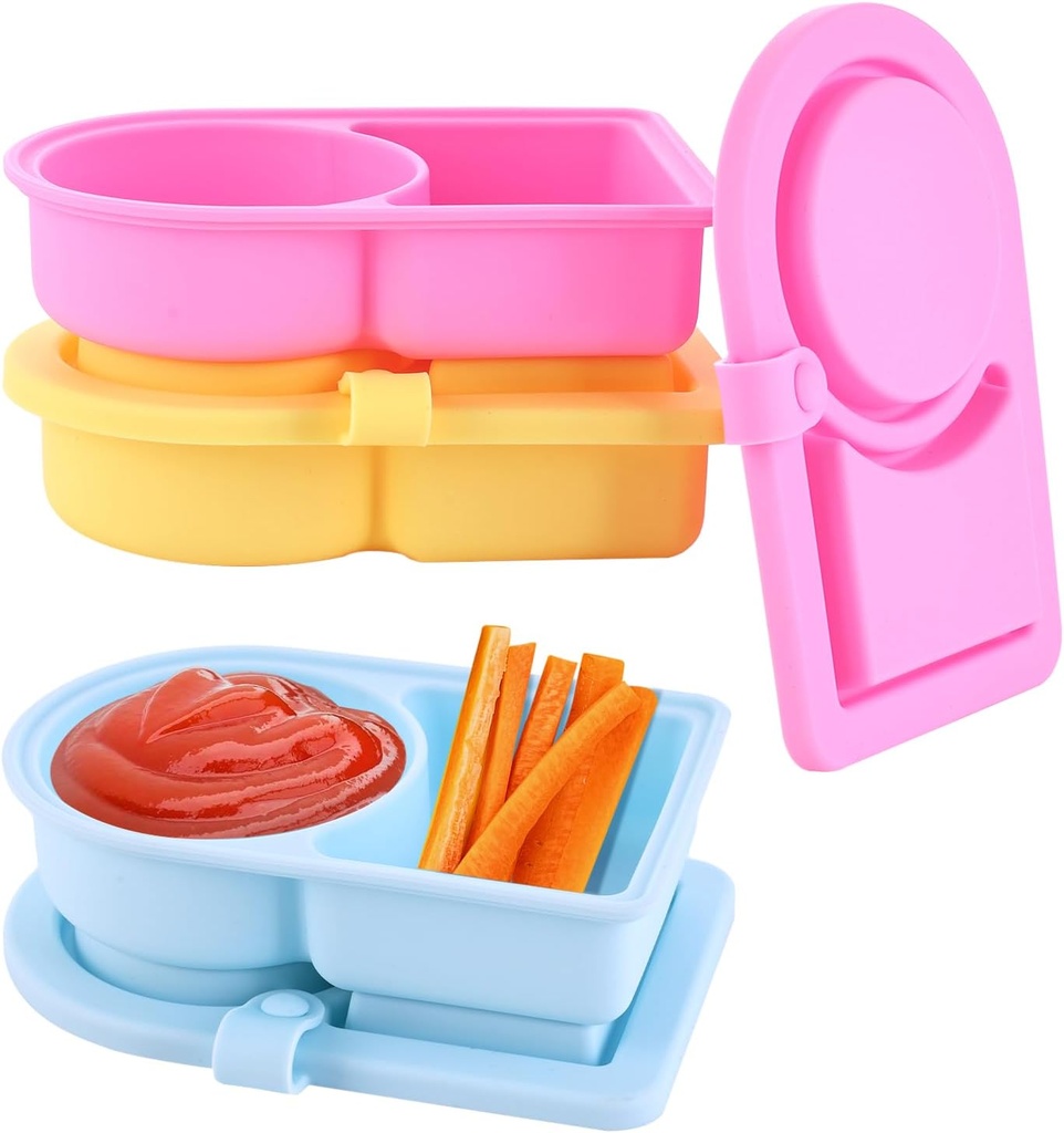 Dualshine 3 Pack Silicone Snack Containers with Lids, Reusable 2 Compartment Snack Containers, for Seasonings, Sauces and Fruits, Portable Mini Food Snack Box For Travel, Picnic, Office