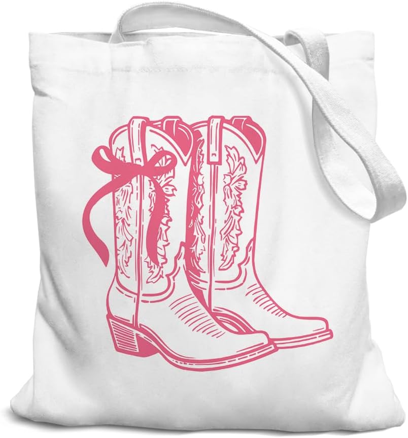 Cowgirl Boot Western Pink Bow Canvas Tote Bag for Women, Coquette Pink Bow Cowgirl Gifts for Women Kids Teens Teen Girls, Cute Small Work Travel Shopping Tote Bags Grocery Reusable Bags