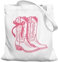Cowgirl Boot Western Pink Bow Canvas Tote Bag for Women, Coquette Pink Bow Cowgirl Gifts for Women Kids Teens Teen Girls, Cute Small Work Travel Shopping Tote Bags Grocery Reusable Bags