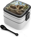 Adult Double-Layer Bento Box Sloth Family Portable Lunch Box with Spoon And Invisible Handle Leakproof Microwave-Safe Food Container for Work Travel Camping