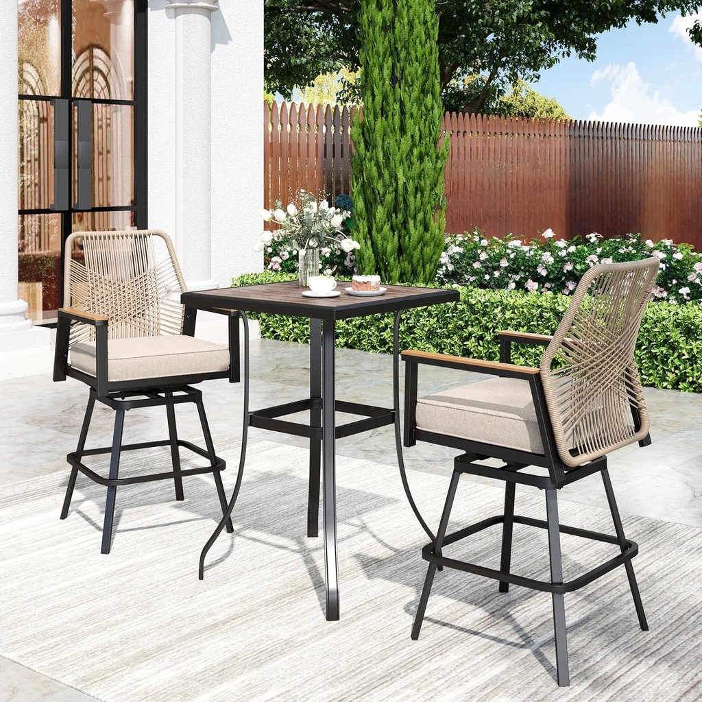 Patio Bar Set 3 Piece, All Weather Rattan Swivel Stools with Waterproof Cushion, 40” Height Wood-Like Metal Bar Table, Outdoor High Top Table and Chairs for Backyard Lawn Porch