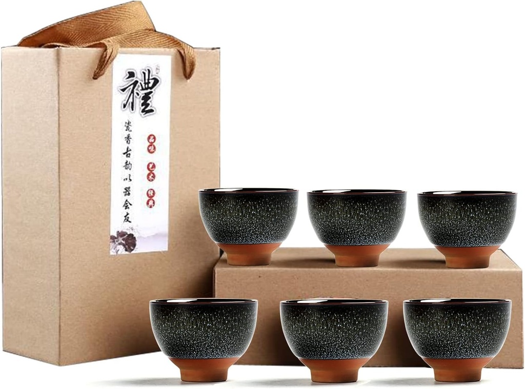 Dark Brown Ceramic Kung Fu Tea Set of 6, Japanese & Chinese Tea Cups, Sake Cup, 2.1oz Capacity Each