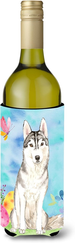 Caroline's Treasures CK1898LITERK Easter Eggs Siberian Husky Wine Bottle Hugger Bottle Cooler Sleeve Hugger Machine Washable Collapsible Insulator Beverage Insulated Holder