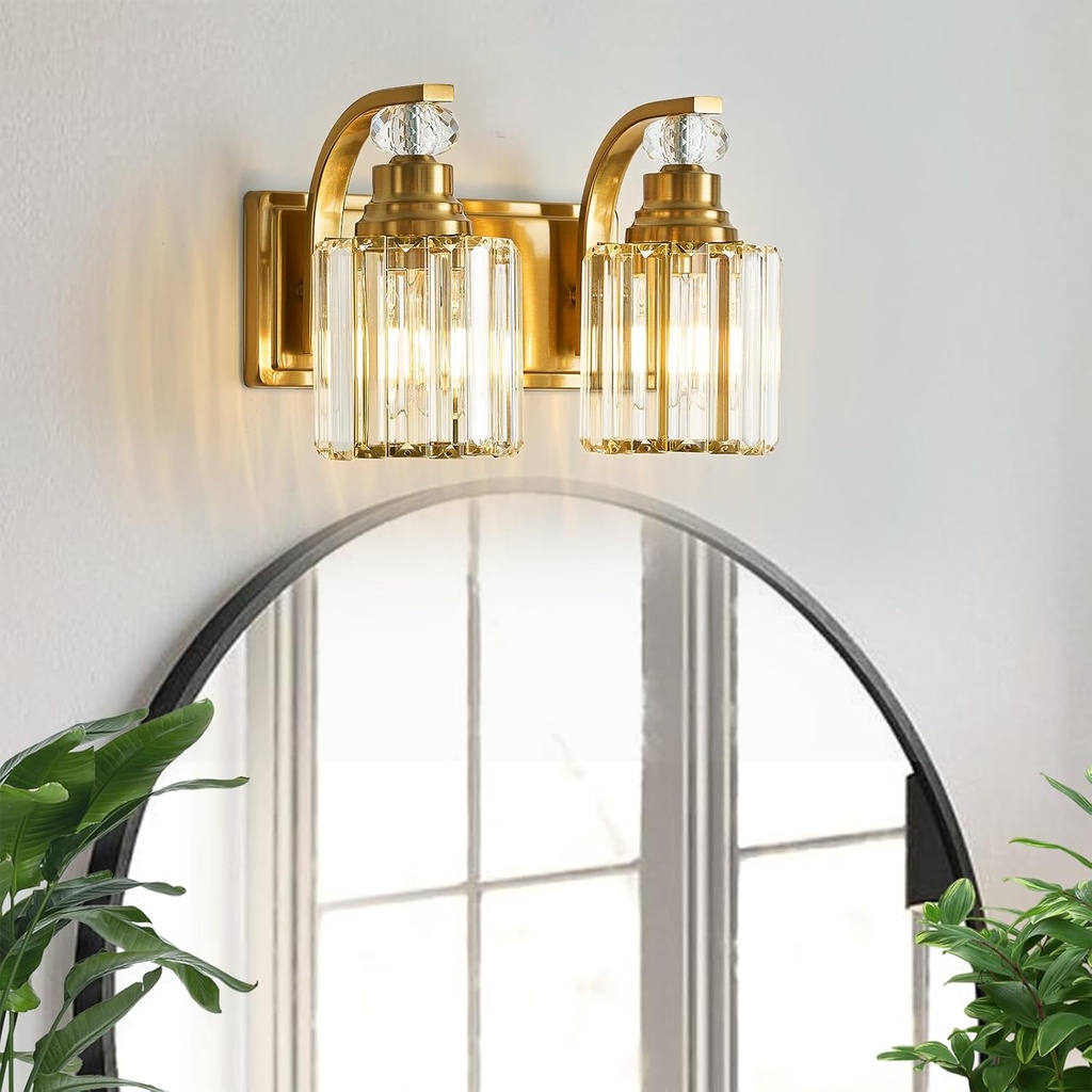 Refice 2-Light Crystal Bathroom Light Fixtures, Bathroom Vanity Light Wall Sconces Modern Gold Brushed Brass Finish