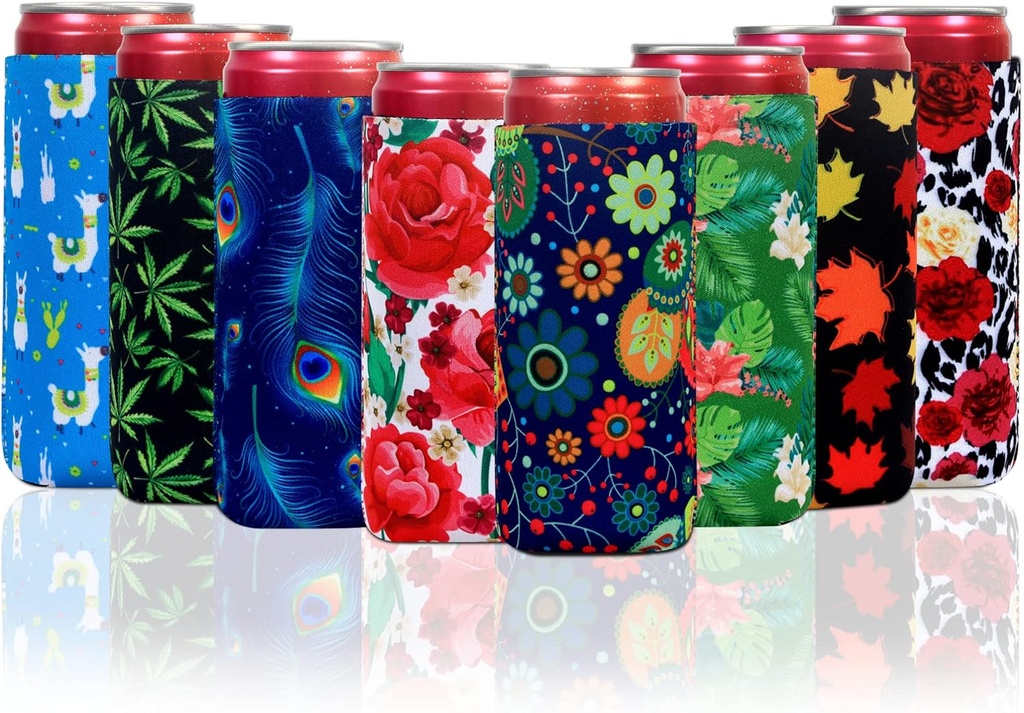 8 Pcs Slim Can Coolers Sleeves For 12oz Slim Beer & Hard Soda, Tall Skinny Can Cooler Holder Colorful Neoprene Bottle Insulator Perfect For Christmas Parties Valentines Day Gifts (Plant)
