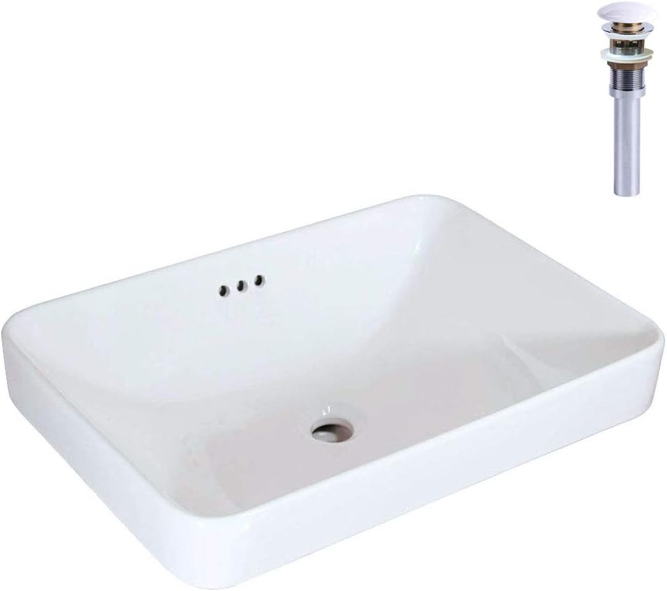 WinZo WZ6174D Semi-Recessed Bathroom Sink with Pop Up Drain, Rectangular Drop-in Vanity Basin With Overflow Ceramic White 23.25”X16.38”X6.75"
