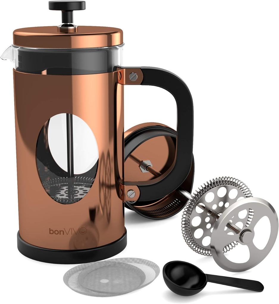 bonVIVO Large French Press Coffee Maker 34 oz – Glass Stainless Steel Coffee Press with Borosilicate Heat Resistant Carafe Reusable Filter Copper Finish Cafetiere for Gourmet Coffee Tea Lovers