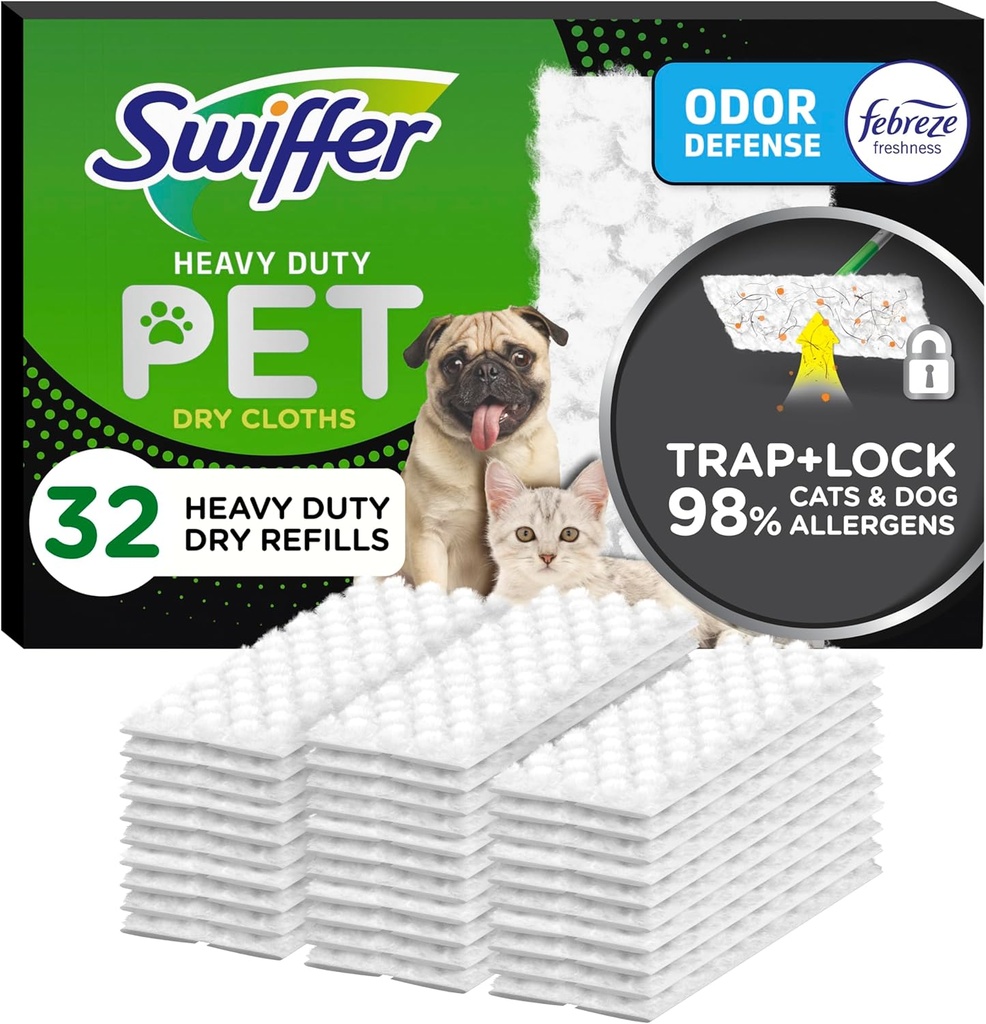 Swiffer Sweeper Pet, Heavy Duty Dry Sweeping Cloth Refills with Febreze Odor Defense, Floor Cleaning, 32 Count