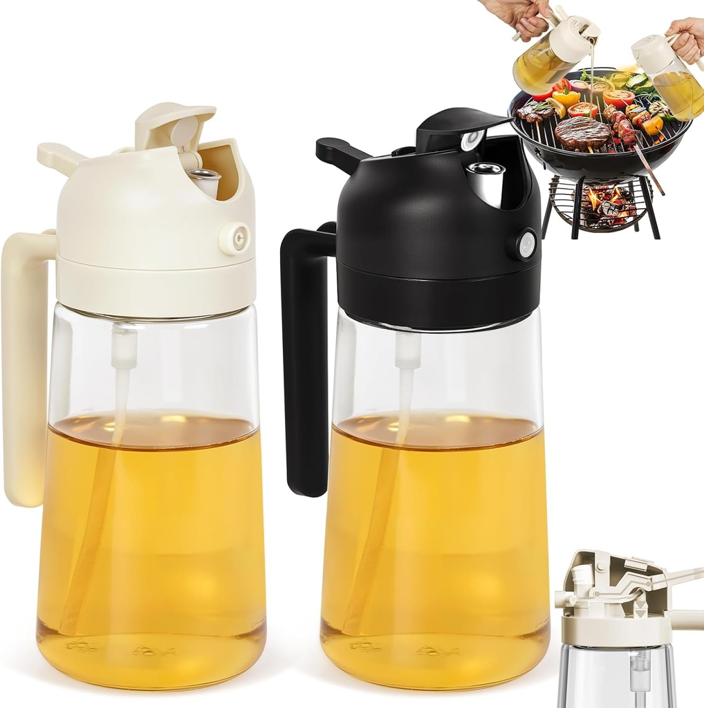 CJT 2Pcs Olive Oil Dispenser,2 in 1 Oil Sprayer for Cooking 16oz/470ml Glass Oil Bottle for Cooking, Frying, Salad, and BBQ (Black & White)