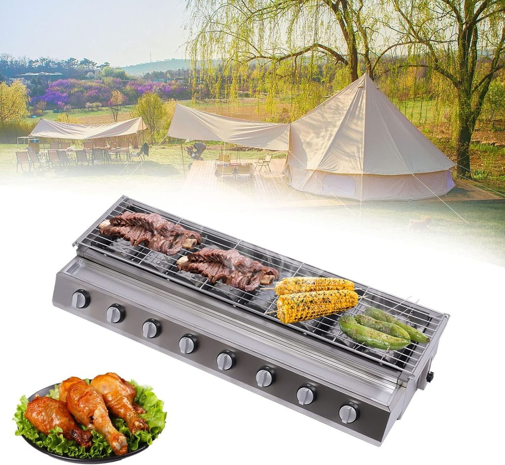 BBQ Gas Grill, Stainless Steel Patio Garden Barbecue Grill 8 Burner Commercial Gas Countertop Griddle Height Adjustable LPG Barbecue Grill for Restaurants, Barbecue stores