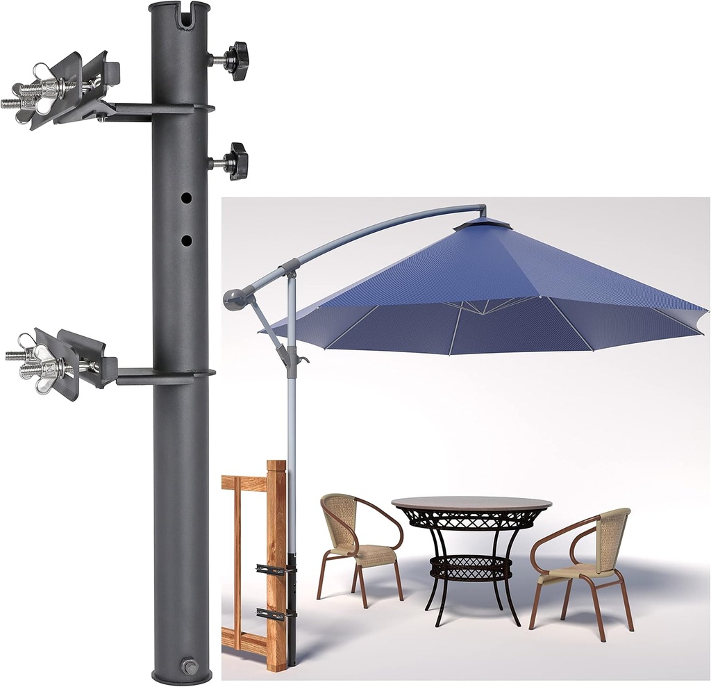 Patio Table/Offset Umbrella Railing Holder, Stainless Steel Outdoor Umbrella Mount/Bracket for Deck Railing, Adjustable Base Width (Tube ID: 2.05")