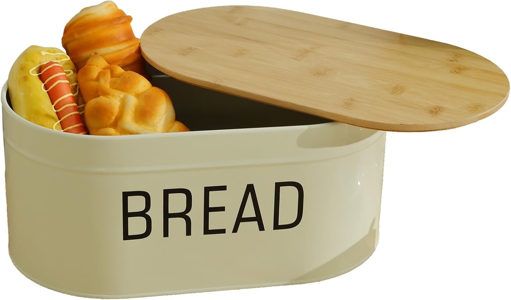 Bread Box with Bamboo Cutting Board Lid,Large Capacity Bread Storage Container for Kitchen Countertop,Rectangular Bread Bin Keeper, Loaf Bread Organizer,Metal Bread Holder Box for Toast Loaf Bun Bagel