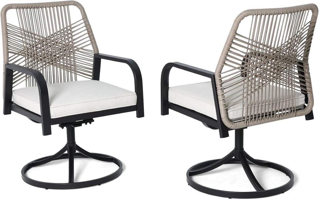 MELLCOM Patio Swivel Chairs Set of 2, Outdoor Dining Chairs with Thickened Cushions, Wicker Chairs with Gentle Rocker for Porch, Backyard, Poolside, Deck, Beige