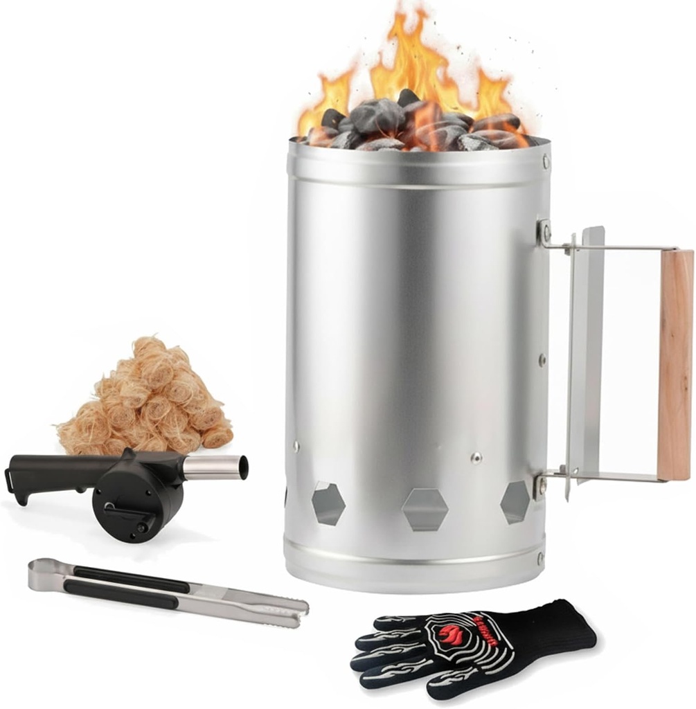 WILLBBQ Charcoal Chimney Starter, Heavy Duty Premium Chimney Starter for Charcoal Grills BBQ Accessory with Heat Resistant Wooden Handle for Outdoor Grill Camping (‌Silvery)