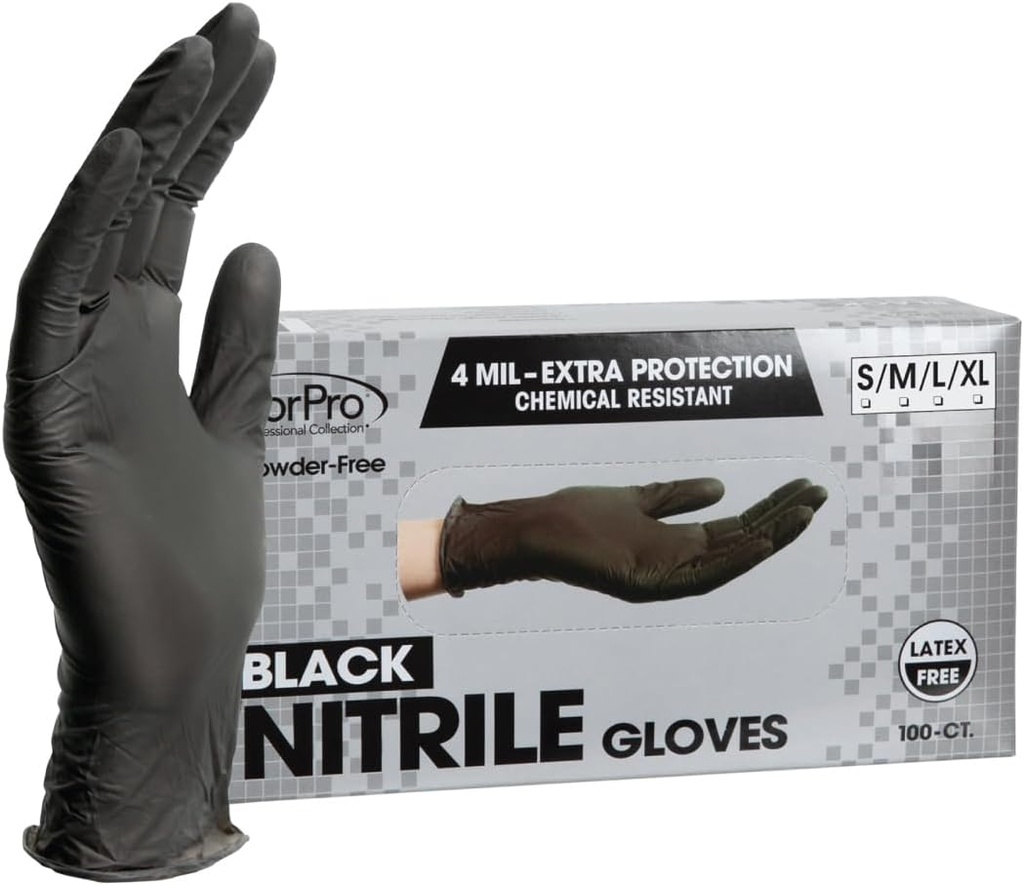 ForPro Professional Collection Disposable Nitrile Gloves, Chemical Resistant, Powder-Free, Latex-Free, Non-Sterile, Food Safe, 4 Mil, Black, Large, 100-Count