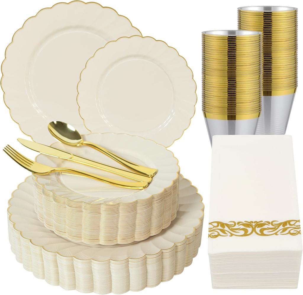 ISFANGCO175PCS Ivory Fancy Disposable Dinnerware Set-Ivory Scalloped Plastic Plates with Gold Rim -25 Dinner&25Dessert Plates, 75 Silverware Set, 25 Napkins and 25 Cups（25 Guests）