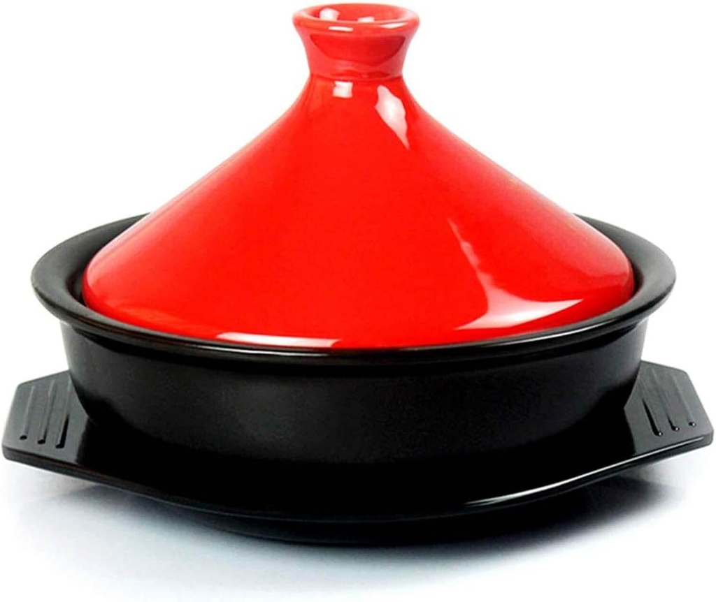 23cm Non-Stick Shallow Ceramic Stew Pot with Conical Lid, High-Temperature Resistant Soup Casserole, Slow Cooker Wooden Tray and Shovel - Red