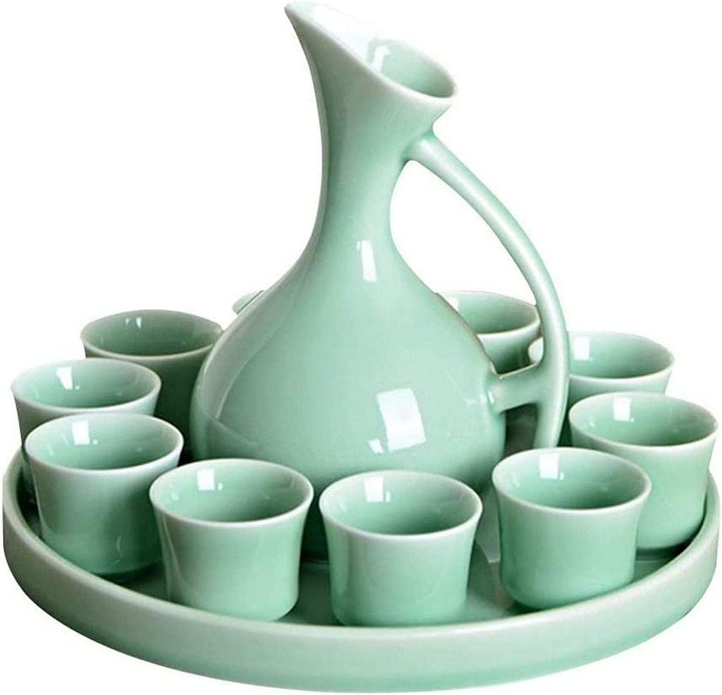Sake wine set, wine glass,12 Pieces Porcelain Sake Set, Ceramic Sake Service, Wine Set Include1 Wine, 10 Wine Cup with Tray, for Cold/Warm/Shochu/Tea, Glaze,Home Decor/Cyan(Glaze)