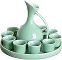 Sake wine set, wine glass,12 Pieces Porcelain Sake Set, Ceramic Sake Service, Wine Set Include1 Wine, 10 Wine Cup with Tray, for Cold/Warm/Shochu/Tea, Glaze,Home Decor/Cyan(Glaze)
