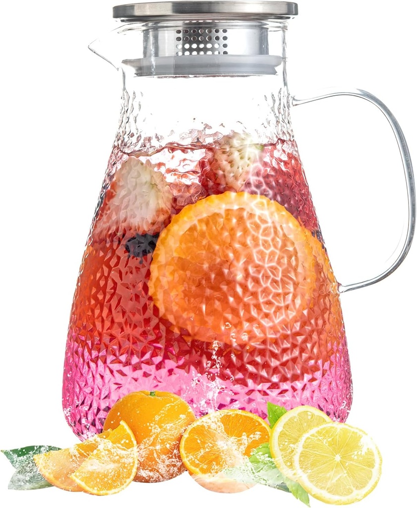 1.8 Liter 60 oz Glass Pitcher with Lid and Spout, Glass Carafe for Hot/Cold Water, Large Iced Tea Pitcher for Coffee, Milk,Juice and Homemade Beverage,Iced Coffee, and Container for Drinks
