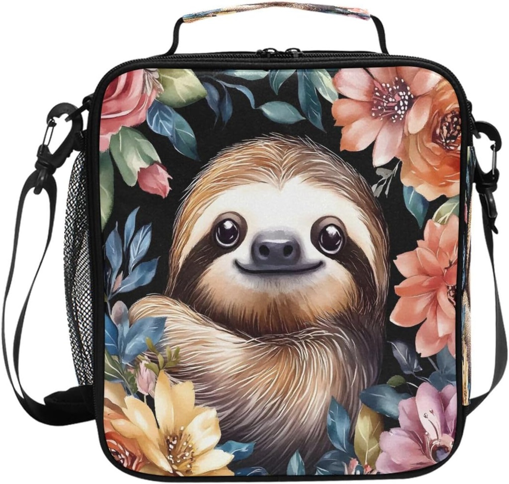 ALAZA Cute Sloth Girls Lunch Box Insulated Bag Flowers Lunchbox Cooler Meal Prep Tote with Shoulder Strap for Kids