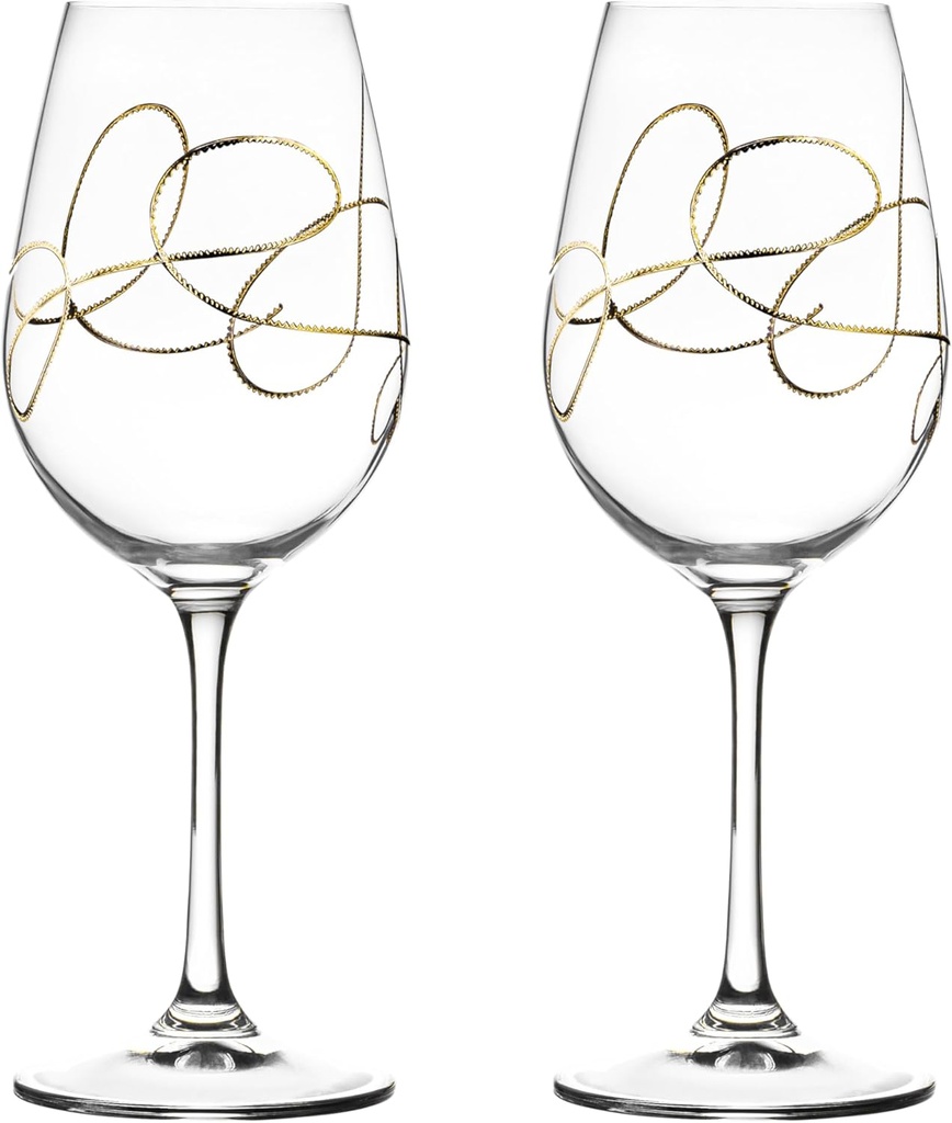 Barski Wine Glass, Goblet, Crystal Glass, Set of 2 Glasses, with Gold String Design, Made in Europe, 14 oz.