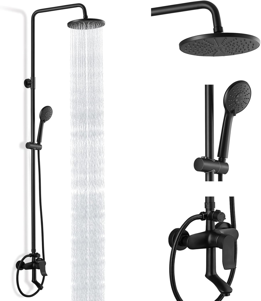 Heyalan Matte Black Exposed Shower Fixture 3 Function Brass Bathroom Shower Faucet Combo Set 8 Inch ABS Round Rainfall Showerhead with ABS Handheld Sprayer Wall Mount Adjustable Slide Bar Tub Spout