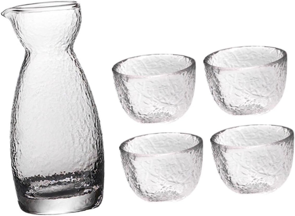LIFKOME Japanese Style Sake Cup Set Hammered Glass Pot 6oz Sake Cups Creative Design for Home Parties